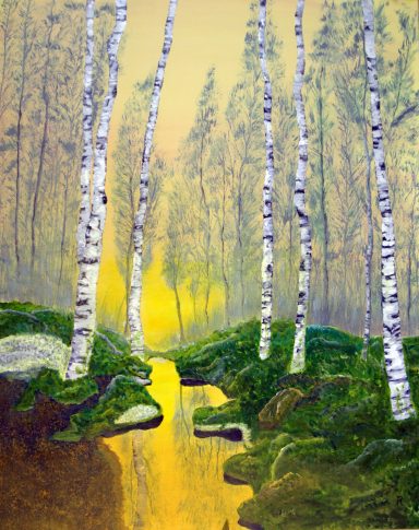Birch Sunset. Trees gold green yellow water
